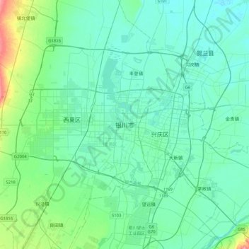 Topografische Karte 银川市, Höhe, Relief