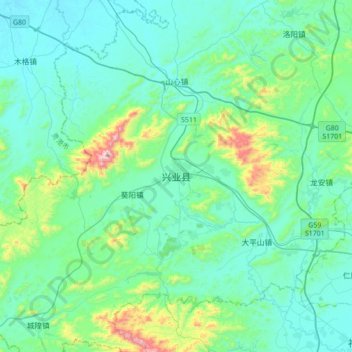 Topografische Karte 兴业县, Höhe, Relief