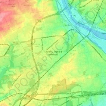 Topografische Karte Lower Makefield Township, Höhe, Relief