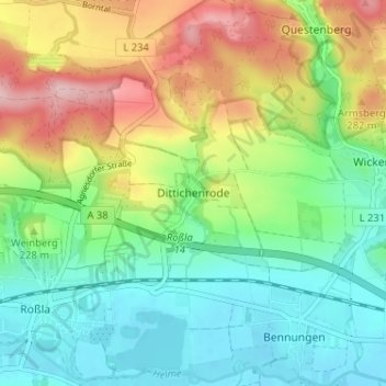 Topografische Karte Dittichenrode, Höhe, Relief