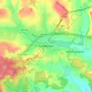 Topografische Karte Puddletown, Höhe, Relief