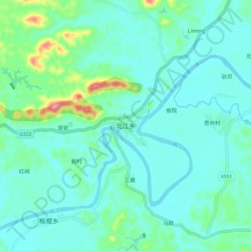 Topografische Karte 北江乡, Höhe, Relief