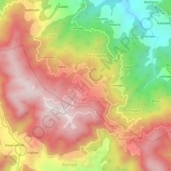 Topografische Karte Kausani, Höhe, Relief