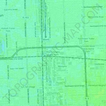 Topografische Karte Miami Heights Trailer Park, Höhe, Relief