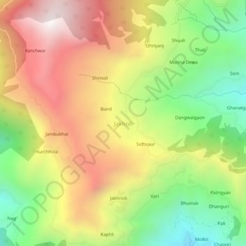 Topografische Karte Jakholi, Höhe, Relief