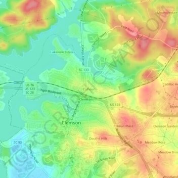 Topografische Karte Calhoun, Höhe, Relief