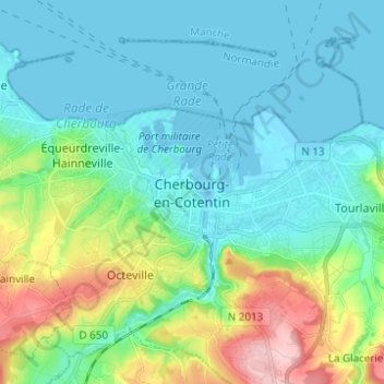 Topografische Karte Cherbourg, Höhe, Relief