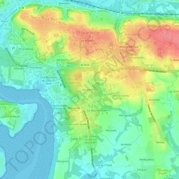 Topografische Karte Keradennec, Höhe, Relief