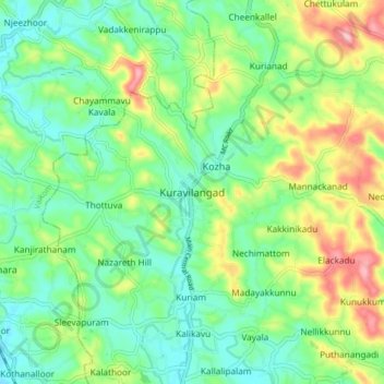 Topografische Karte Kuravilangad, Höhe, Relief