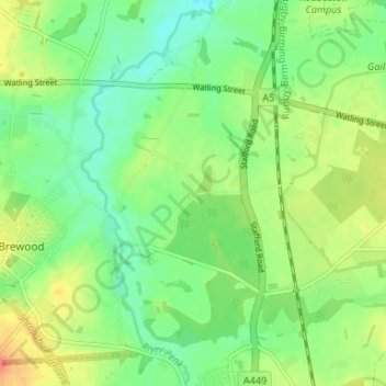 Topografische Karte Crateford, Höhe, Relief