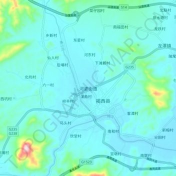 Topografische Karte 河婆街道, Höhe, Relief