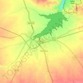 Topografische Karte Dhari, Höhe, Relief