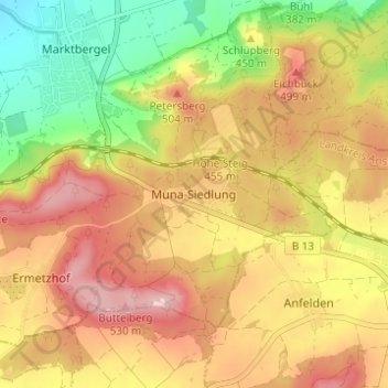 Topografische Karte Muna-Siedlung, Höhe, Relief