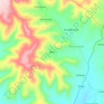 Topografische Karte Meni, Höhe, Relief