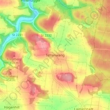 Topografische Karte Tettenwang, Höhe, Relief