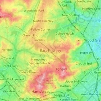 Topografische Karte East Finchley, Höhe, Relief