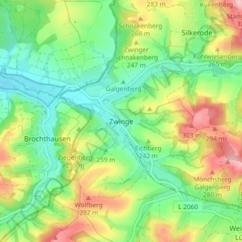 Topografische Karte Zwinge, Höhe, Relief