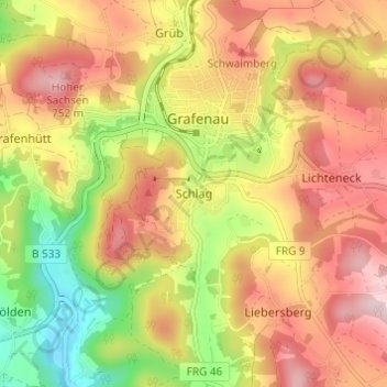 Topografische Karte Schlag, Höhe, Relief