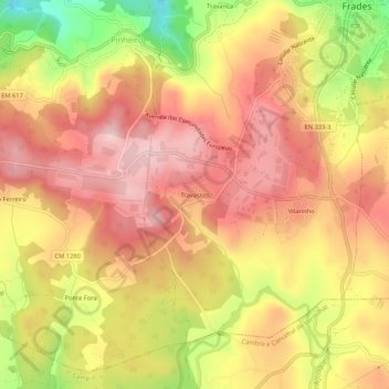Topografische Karte Travassos, Höhe, Relief