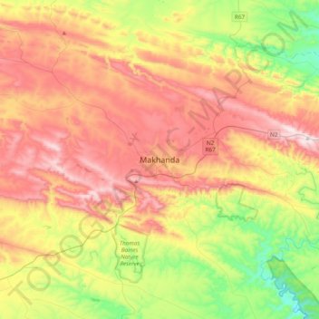 Topografische Karte Makhanda, Höhe, Relief
