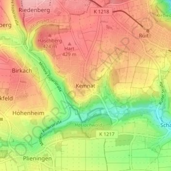 Topografische Karte Kemnat, Höhe, Relief