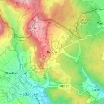Topografische Karte Brüchs, Höhe, Relief