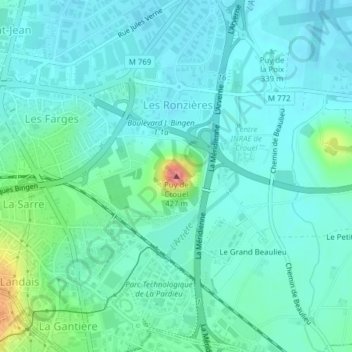 Topografische Karte Puy de Crouël, Höhe, Relief