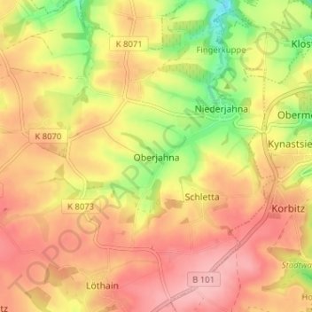 Topografische Karte Oberjahna, Höhe, Relief