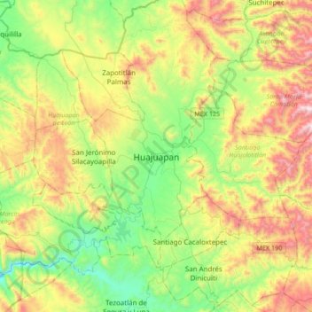 Topografische Karte Huajuapan, Höhe, Relief