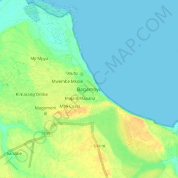 Topografische Karte Bagamoyo, Höhe, Relief