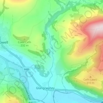 Topografische Karte Llangenny, Höhe, Relief