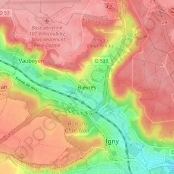 Topografische Karte Bièvres, Höhe, Relief