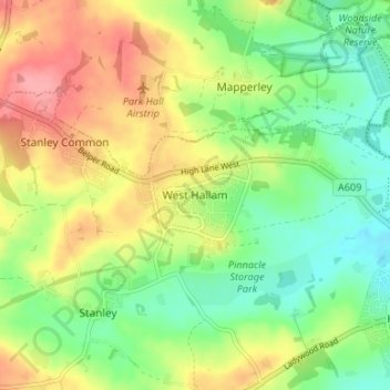 Topografische Karte West Hallam, Höhe, Relief