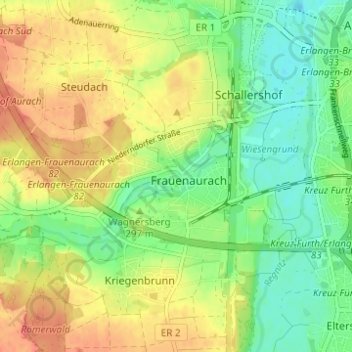 Topografische Karte Frauenaurach, Höhe, Relief
