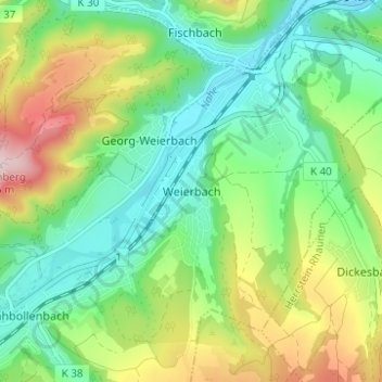 Topografische Karte Weierbach, Höhe, Relief