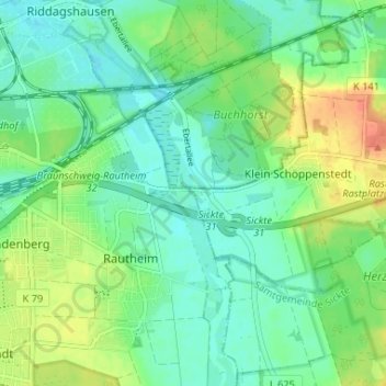 Topografische Karte Südstadt- Rautheim- Mascherode, Höhe, Relief