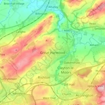 Topografische Karte Great Harwood, Höhe, Relief