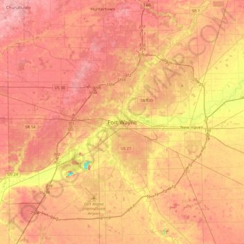 Topografische Karte Fort Wayne, Höhe, Relief
