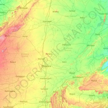 Topografische Karte Bhilwara, Höhe, Relief