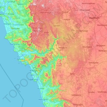 Topografische Karte Uttara Kannada, Höhe, Relief