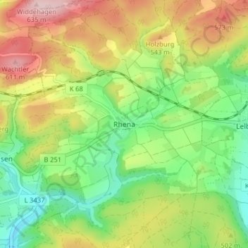 Topografische Karte Rhena, Höhe, Relief