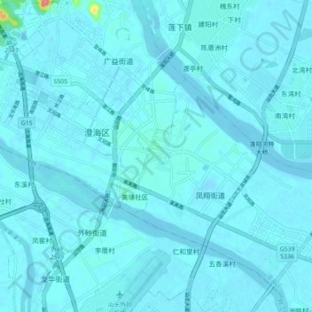 Topografische Karte 澄海区, Höhe, Relief