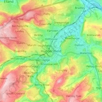 Topografische Karte Huddersfield, Höhe, Relief