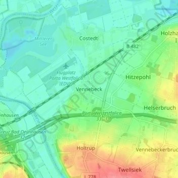 Topografische Karte Vennebeck, Höhe, Relief
