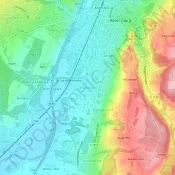 Topografische Karte Weißenau, Höhe, Relief