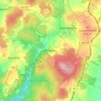 Topografische Karte Rindlas, Höhe, Relief
