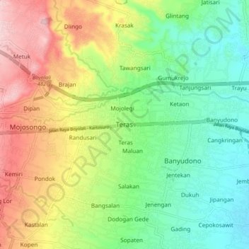 Topografische Karte Teras, Höhe, Relief