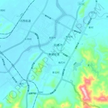 Topografische Karte 春城街道, Höhe, Relief