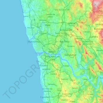 Topografische Karte Porto, Höhe, Relief