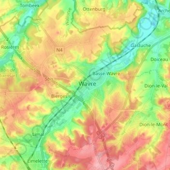 Topografische Karte Wavre, Höhe, Relief